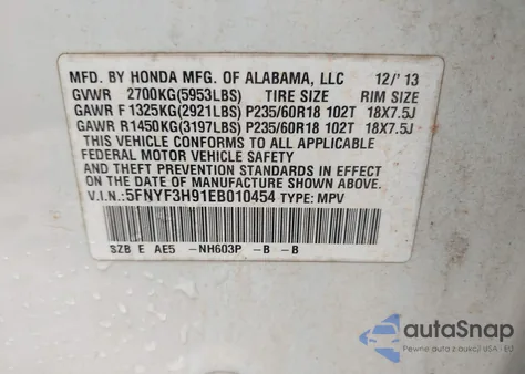 2014 Honda Pilot Touring from USA, damaged, VIN 5FNYF3H91EB010454